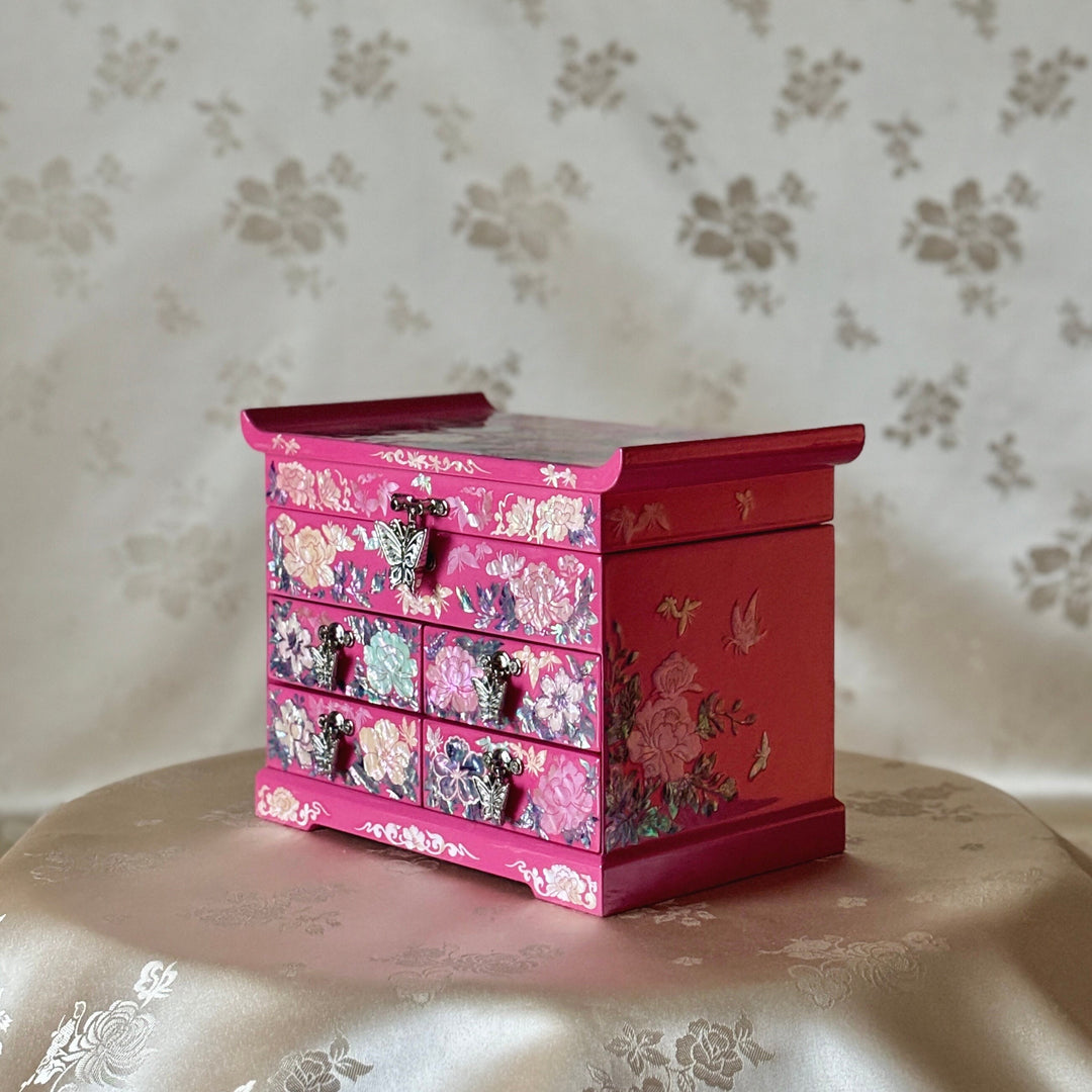 Mother of Pearl Jewelry Chest: Pink Ground, Peony Motif in Scholar’s Desk Form