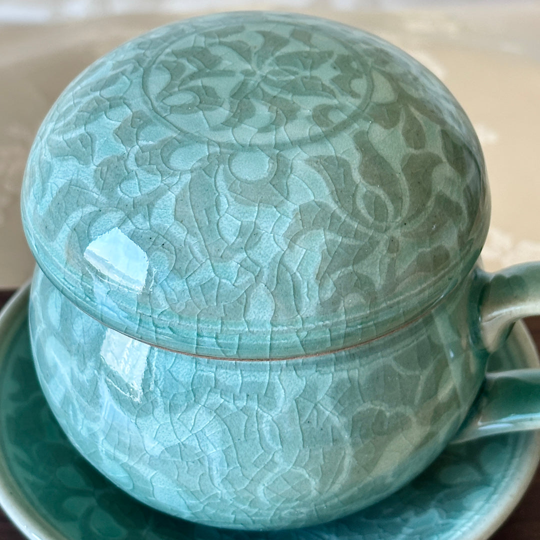 Celadon Lidded Teacup Pair: Reverse Inlaid Peony Motif with White Clay Inlay
