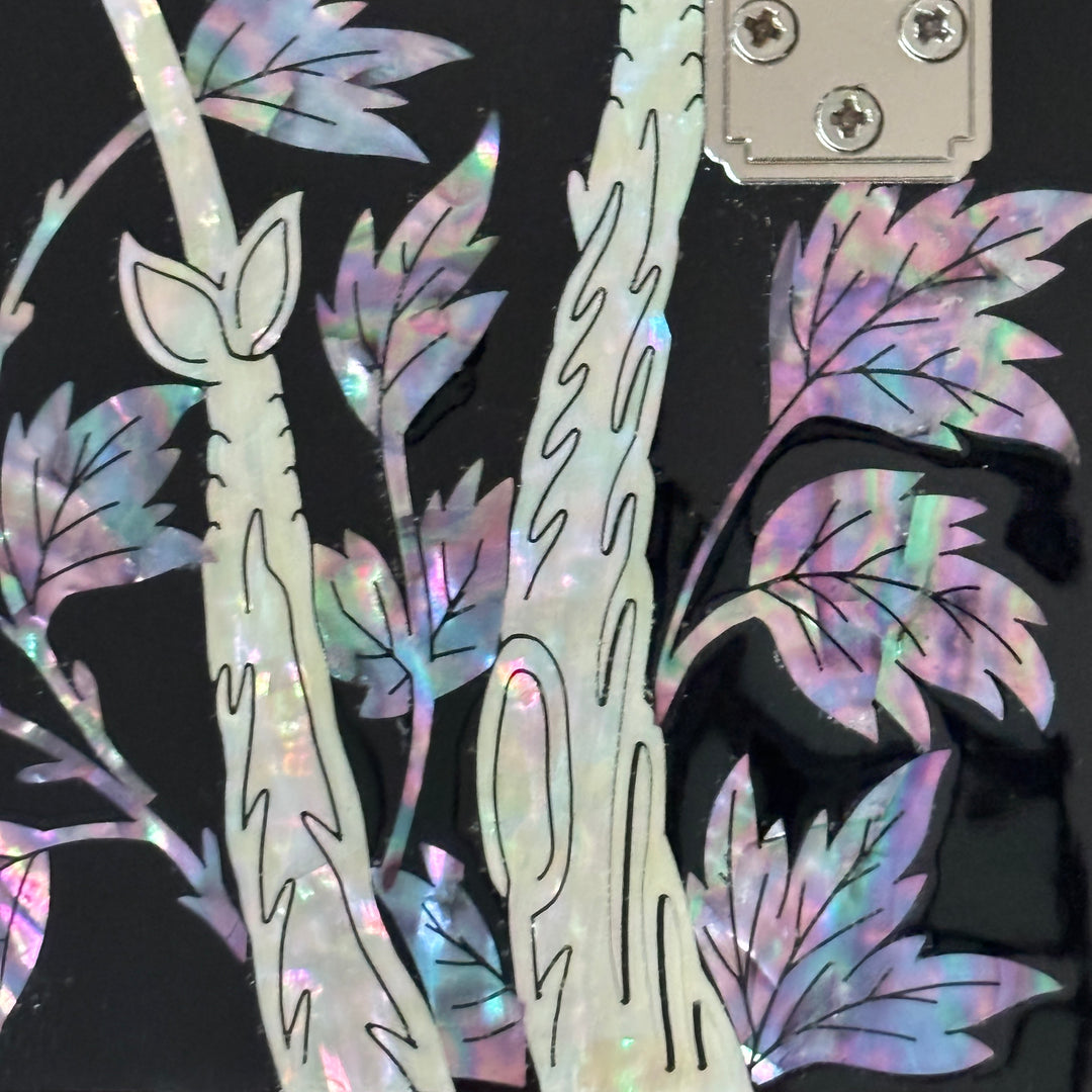 Mother of Pearl Vanity Chest with Mirror Stand: Black Body, Peony Motif