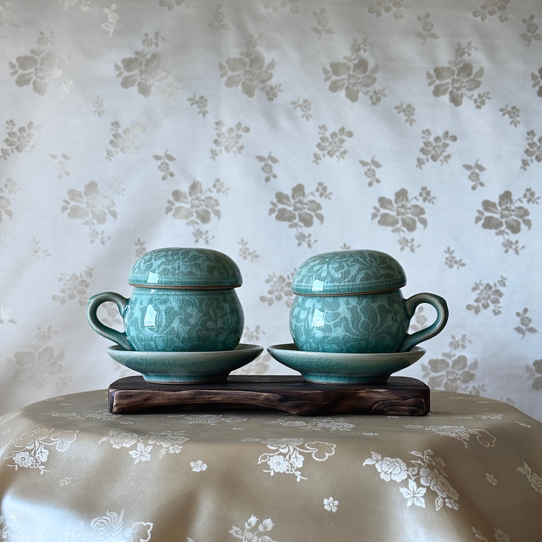 Celadon Lidded Teacup Pair: Reverse Inlaid Peony Motif with White Clay Inlay