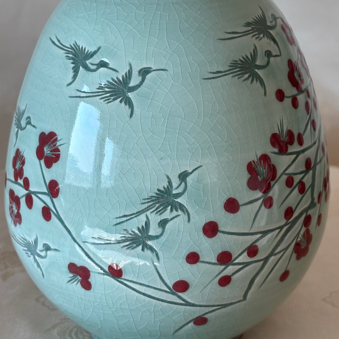 Celadon Vase: White Slip Sgraffito (Bakji) with Plum Blossom and Crane Motif
