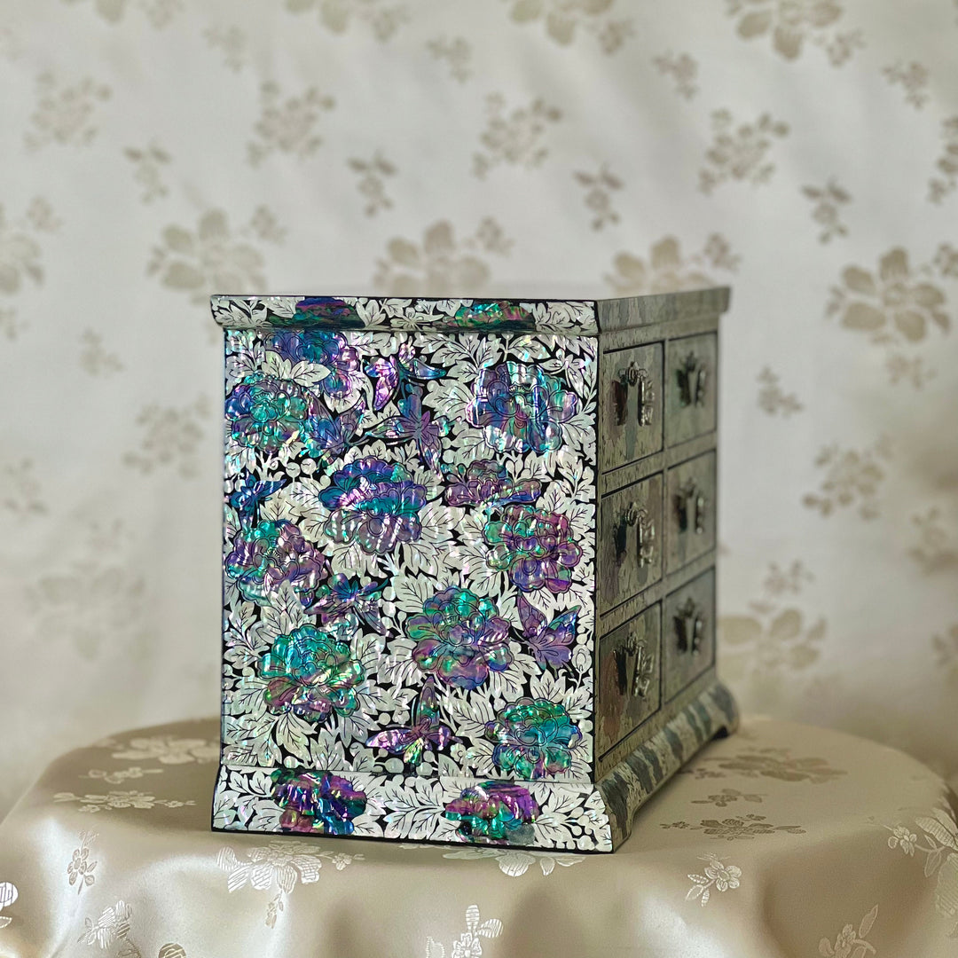 Mother of Pearl Jewelry Chest: Peony and Butterfly Motif in Scholar’s Desk Form