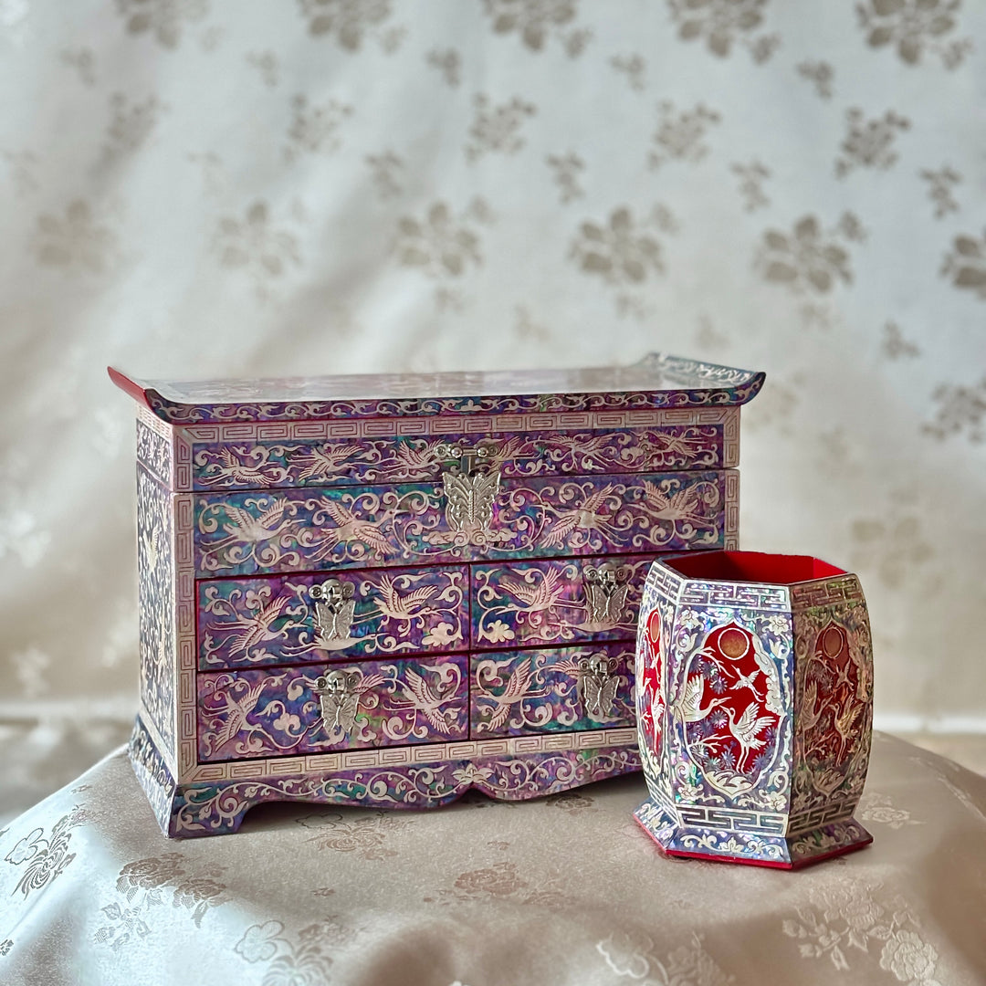 Mother of Pearl Jewelry Chest Set: Matching Pencil Holder with Pine and Crane Motif