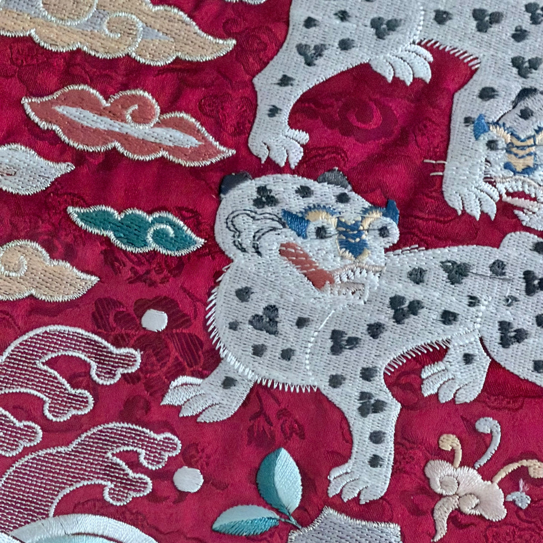 Embroidered Art Panel: Tiger Pair Motif on Red Ground