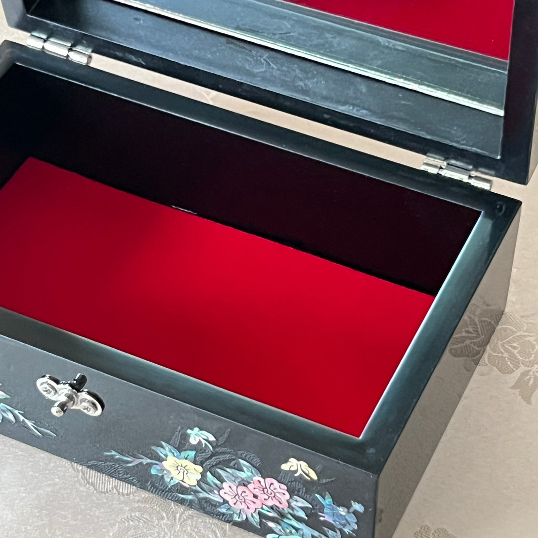 Mother-of-Pearl Jewelry Box: Plum Blossom and Bird Floral Motif on Black Ground