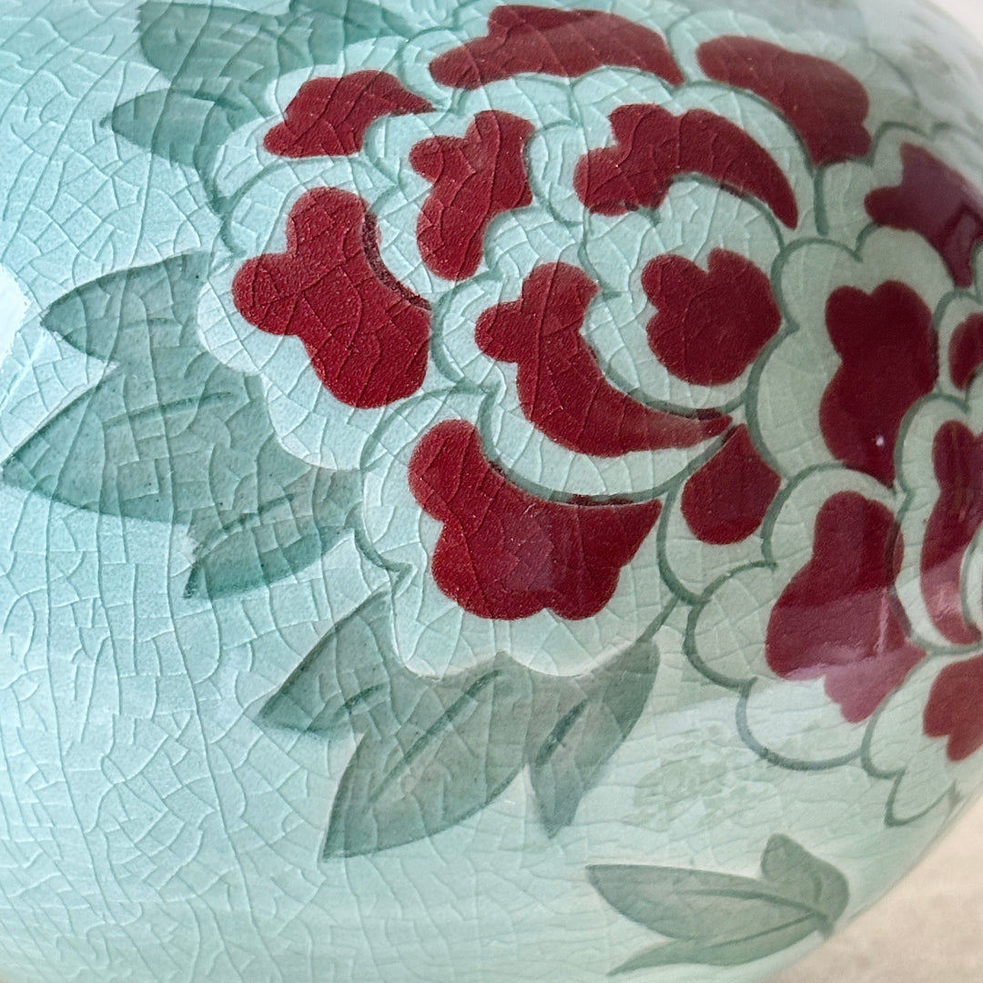 Celadon Vessel (Ho): Peony Motif in White-Slip Sgraffito with Red Clay Accents