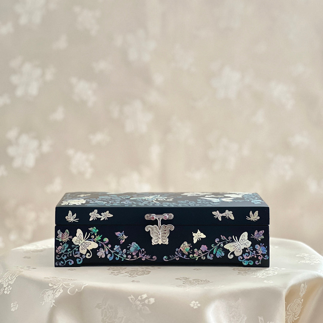 Mother of Pearl Handmade Black Wooden Letter or Jewelry Box with Butterfly, Peony Vine Pattern (자개 호접 목단 당초문 편지 보관함)