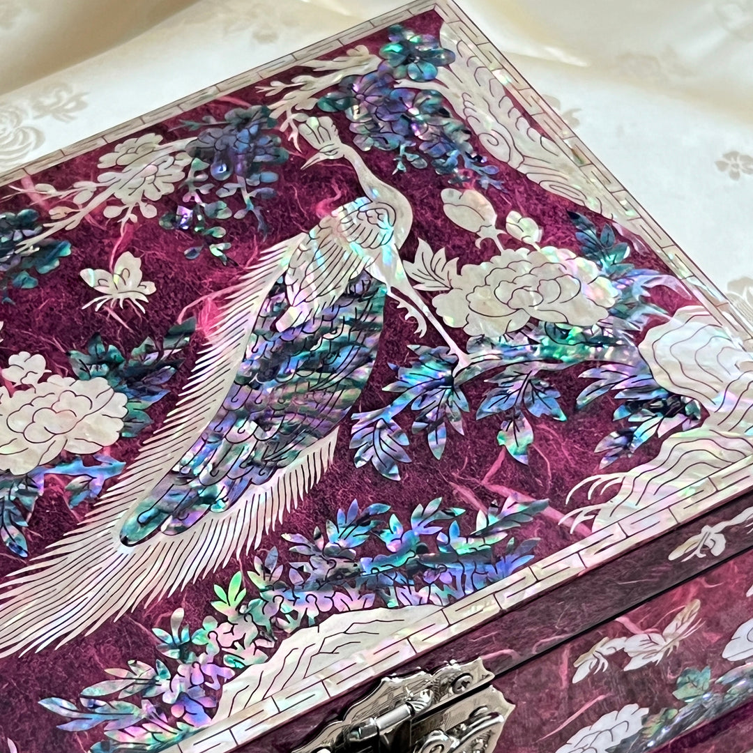 Mother of Pearl Jewelry Box: Peacock and Peony Motif on Deep Purple Hanji Body
