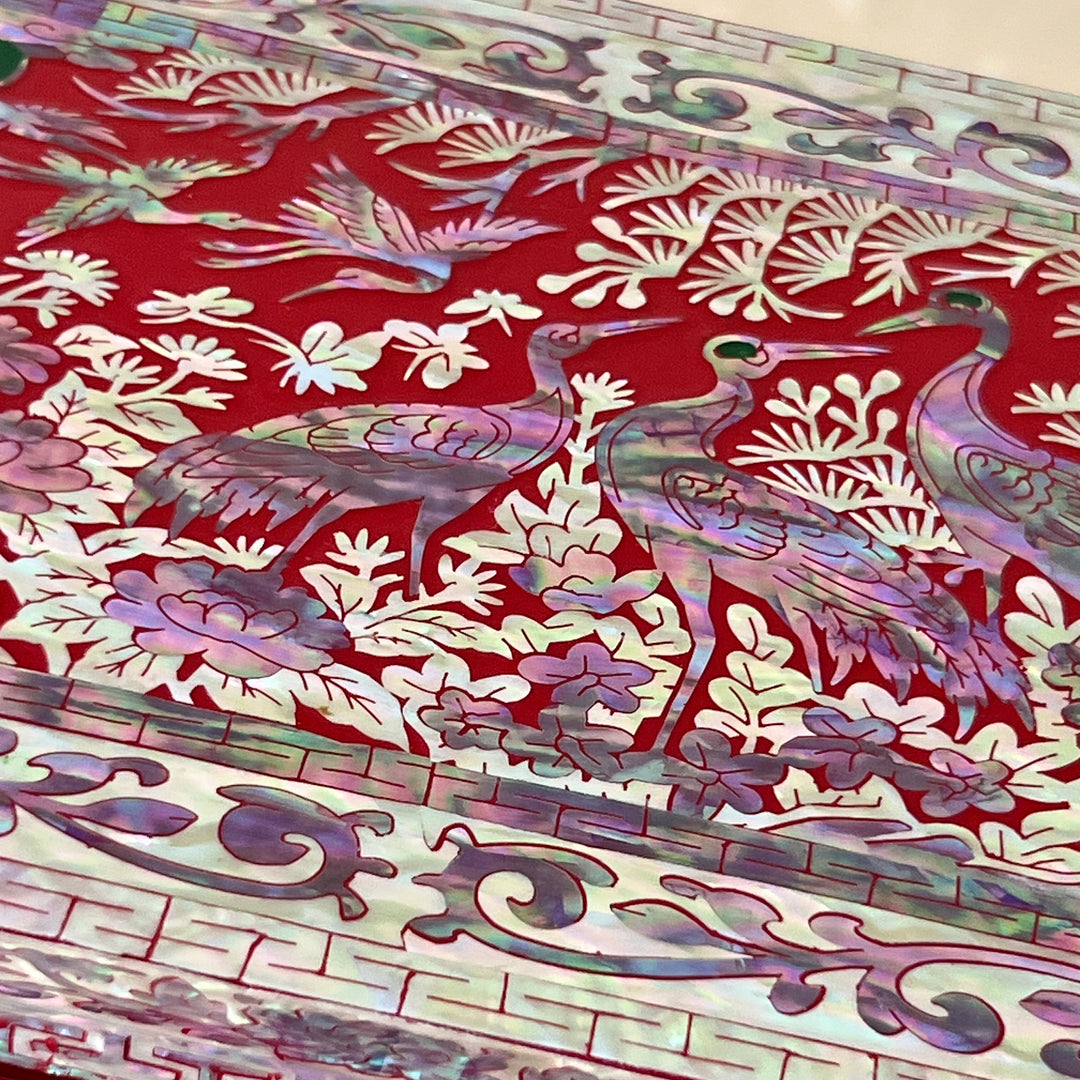 Mother-of-Pearl Double-Door Jewelry Chest: Longevity Motif, Red Ground