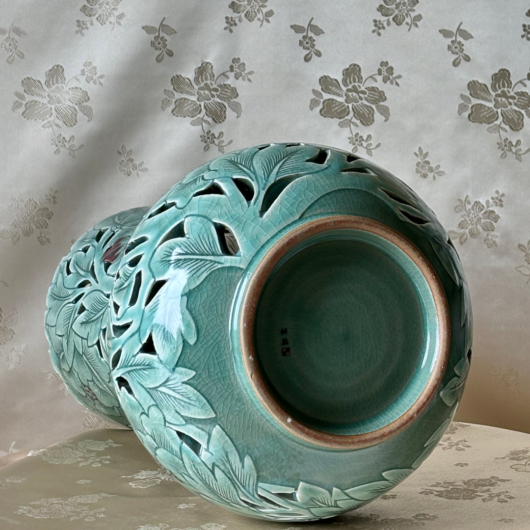 Grand-Scale Celadon Openwork Long Vase: White Slip Sgraffito (Bakji) with Peony Motif