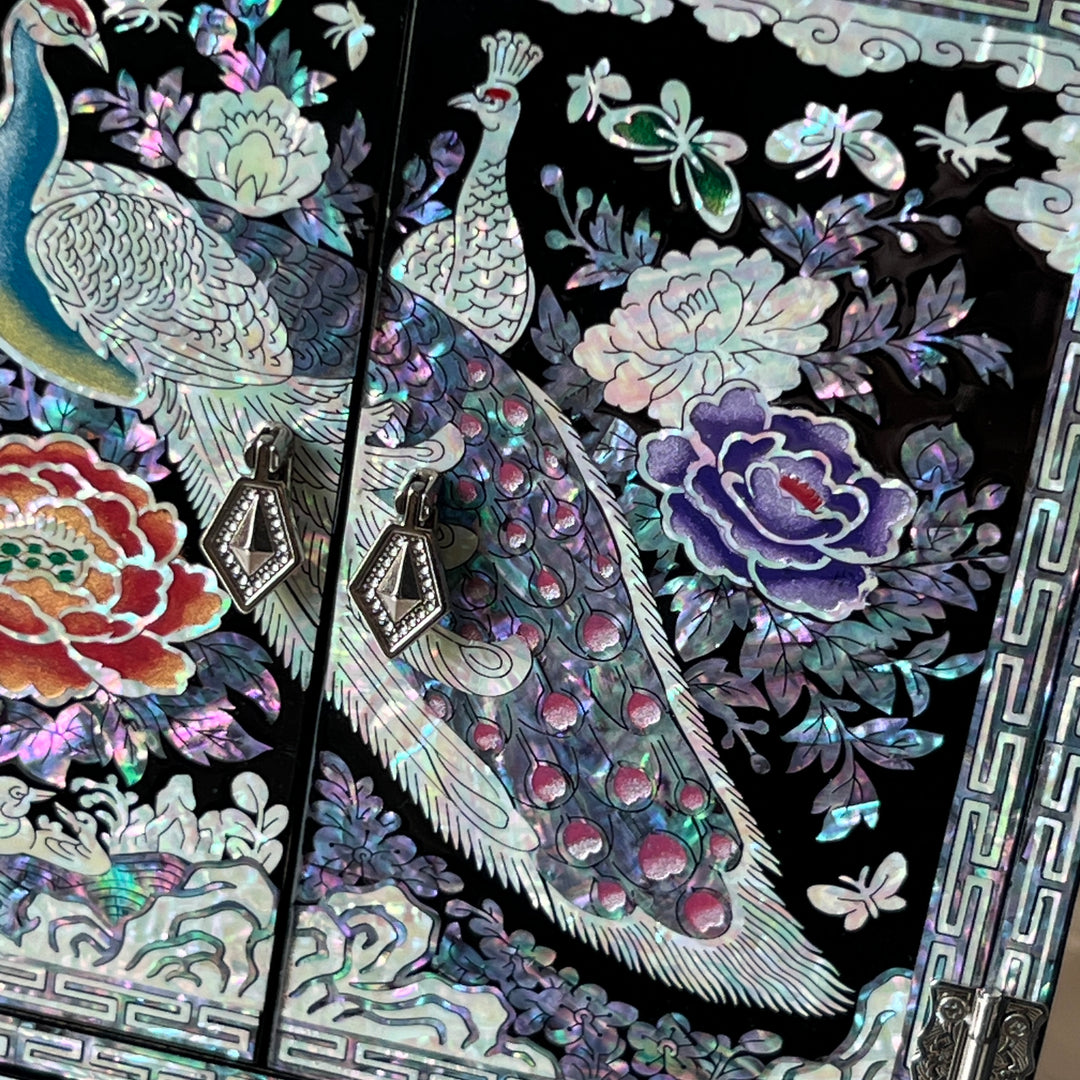 Mother-of-Pearl Double-Doored Jewelry Chest: Grand Scale, Longevity Motif on Black Ground