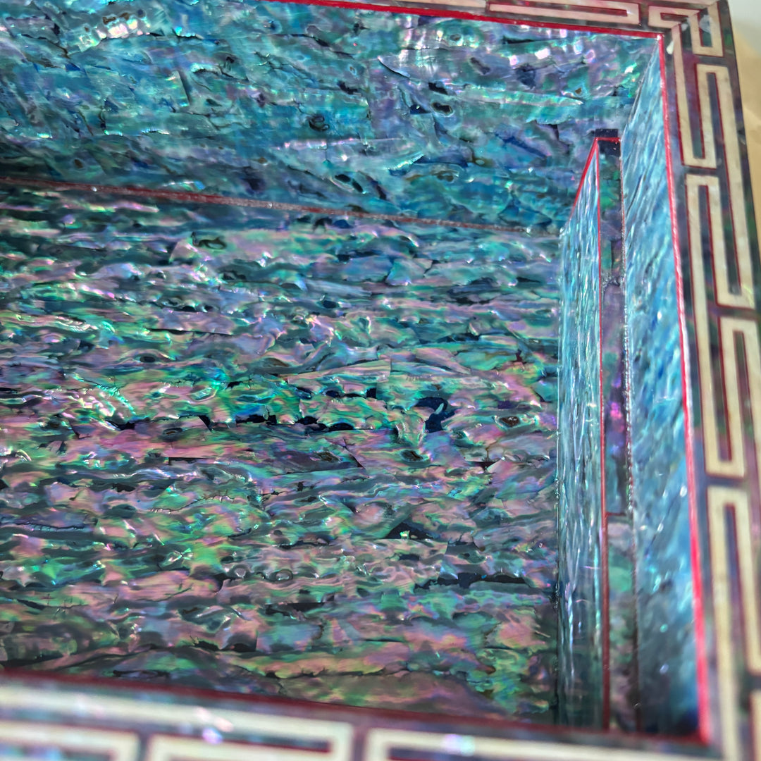 Mother of Pearl Jewelry Box: Butterfly and Peony Motif on Red Ground