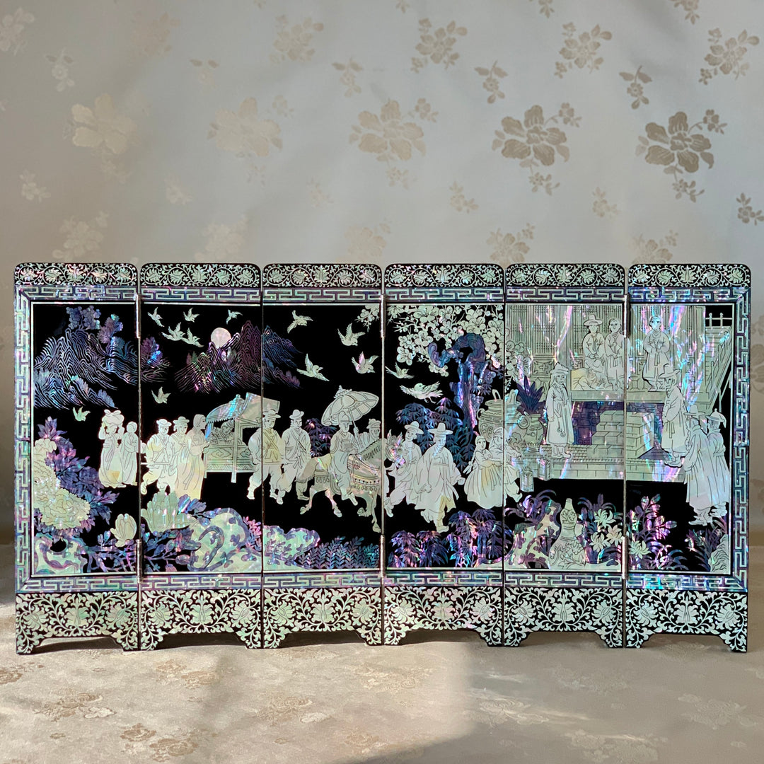 Mother of Pearl Wooden Folding Screen with pattern of Marriage Scene (자개 전통혼례도 6폭 병풍)