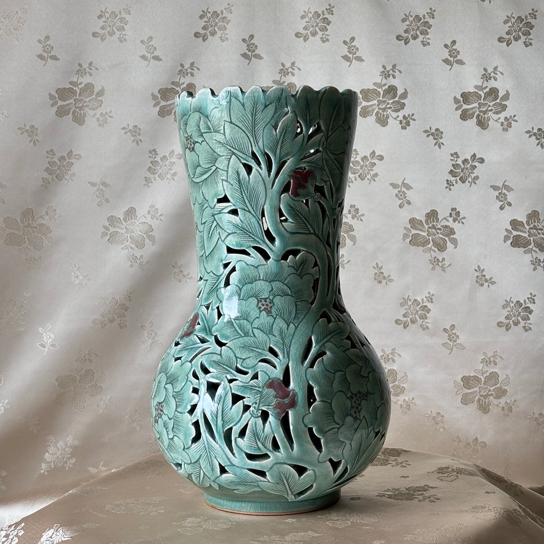 Grand-Scale Celadon Openwork Long Vase: White Slip Sgraffito (Bakji) with Peony Motif