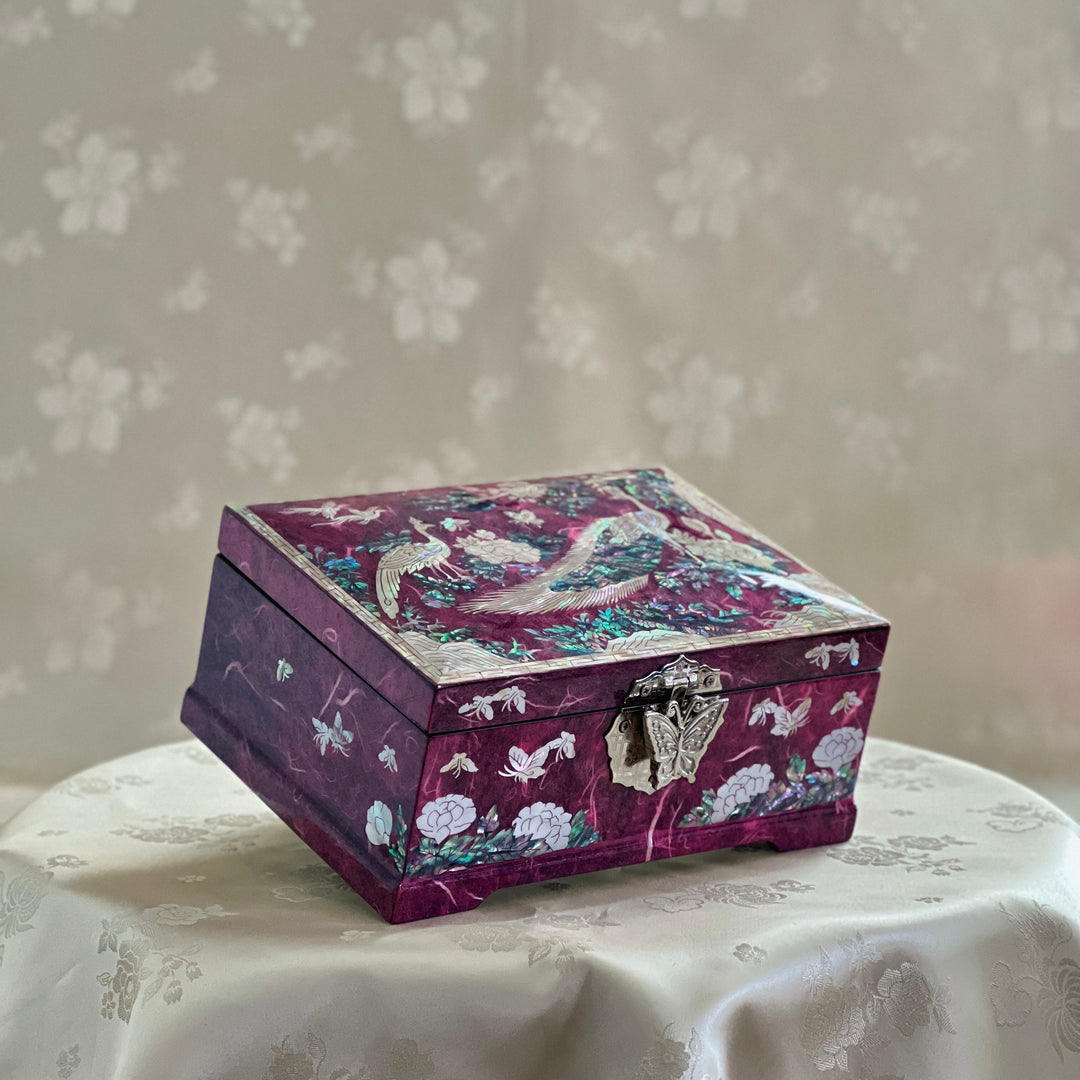 Mother of Pearl Jewelry Box: Peacock and Peony Motif on Deep Purple Hanji Body