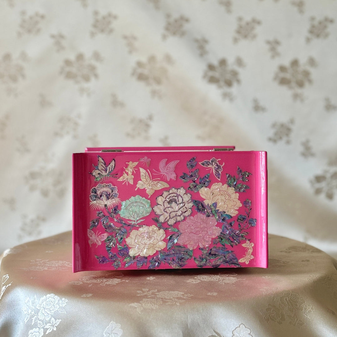 Mother of Pearl Jewelry Chest: Pink Ground, Peony Motif in Scholar’s Desk Form