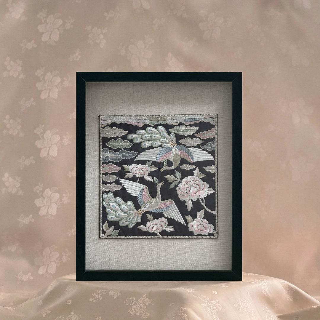Embroidered Art Panel: Peacock Pair and Peony Motif on Navy Ground