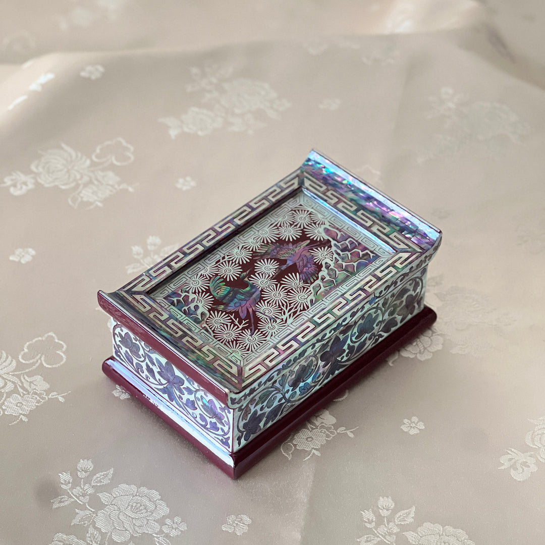 Mother-of-Pearl Lidded Box: Scholar’s Desk-Inspired Form with Crane and Pine Motif, Wine Ground