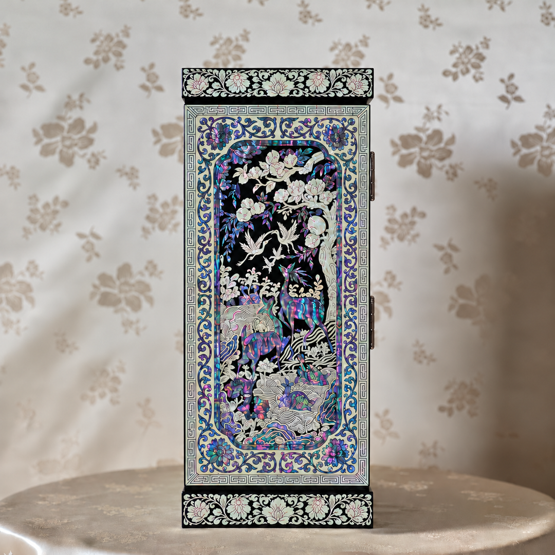 Mother-of-Pearl Double-Doored Jewelry Chest: Grand scale, Ten Symbols of Longevity Motif