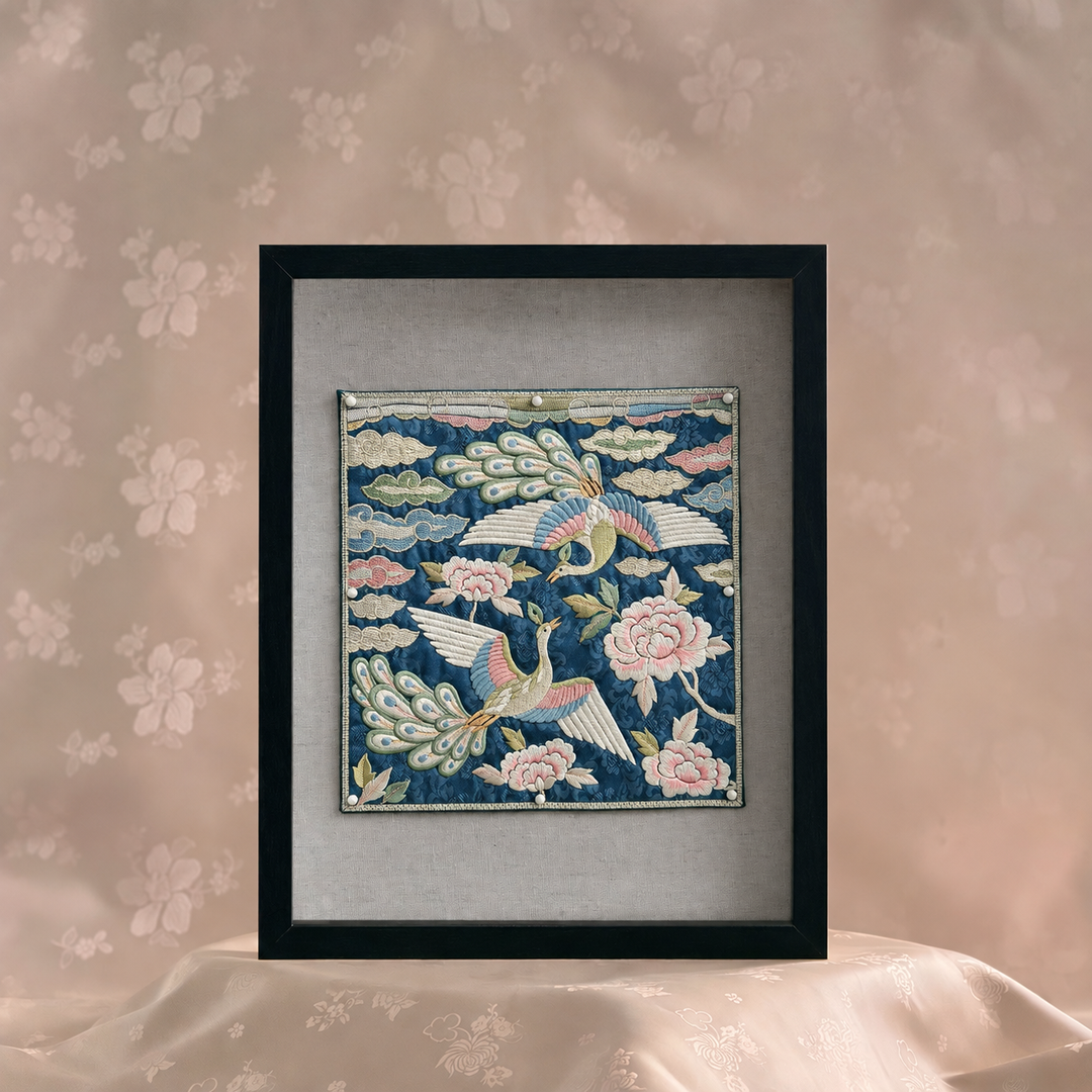 Embroidered Art Panel: Double Peacock and Peony Motif on Deep Blue Ground