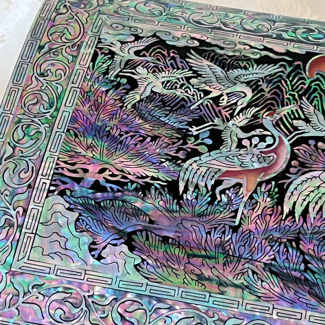 Mother-of-Pearl Jewelry Box: Auspicious Mountain Landscape with Cranes