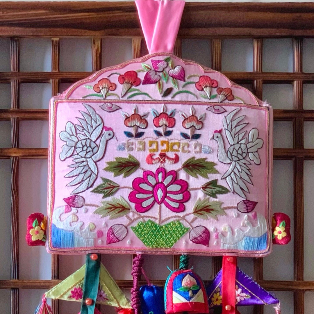 Key Tessel (Norigae) Accessory and Ornament for Luck with Wooden Frame Option (손수 쌍학 열쇠패 노리개)