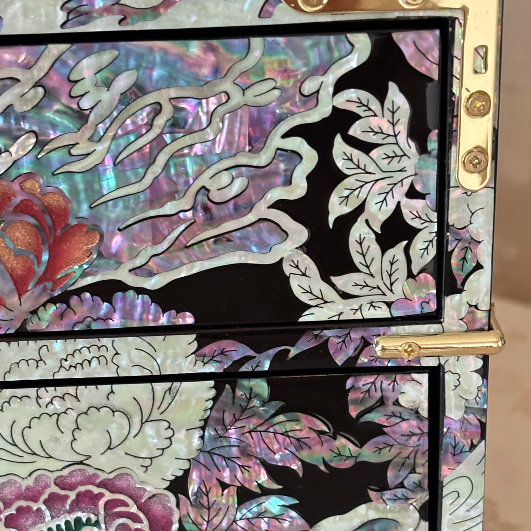 Mother of Pearl Bandaji Chest: Peacock and Peony Motif Jewelry Cabinet