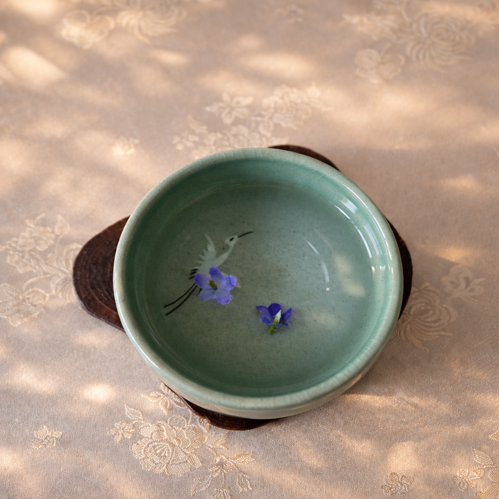Celadon Cup Set: Inlaid Crane and Cloud Motifs