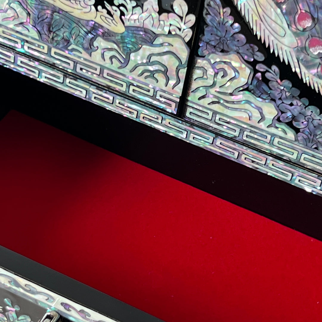 Mother-of-Pearl Double-Doored Jewelry Chest: Grand Scale, Longevity Motif on Black Ground