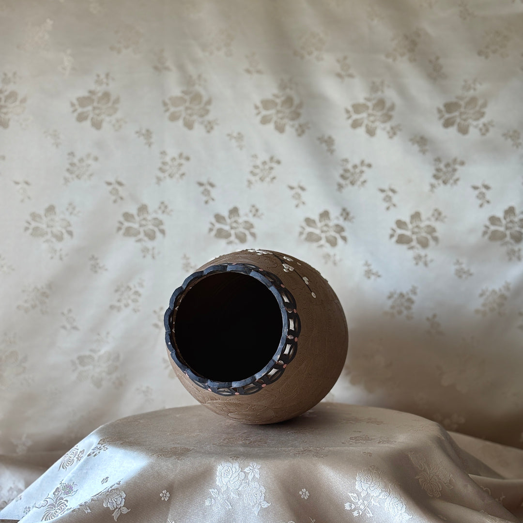 Unglazed Ceramic Vase: Buncheong Clay Body with Plum Blossom Branch and Openwork Rim