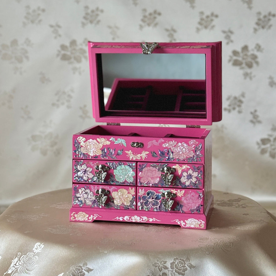 Mother of Pearl Jewelry Chest: Pink Ground, Peony Motif in Scholar’s Desk Form