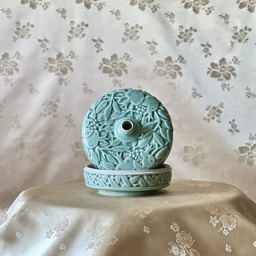 Celadon-Glazed Porcelain Covered Box and Single-Stem Vase: Pomegranate Motif