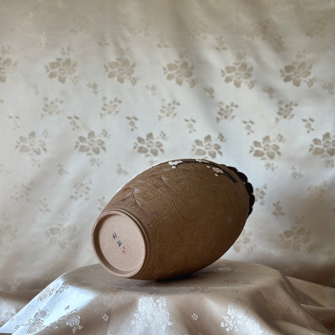 Unglazed Ceramic Vase: Buncheong Clay Body with Plum Blossom Branch and Openwork Rim