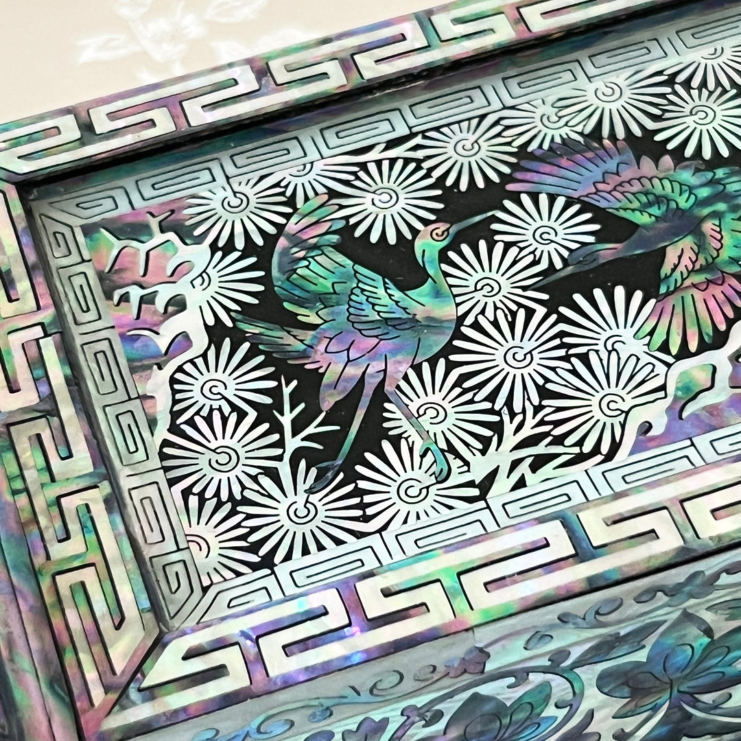 Mother-of-Pearl Lidded Box: Scholar’s Desk-Inspired Form with Crane and Pine Motif