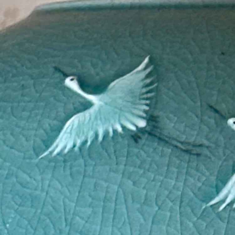Korean Celadon Vase: Couple of Cranes in Relief Carving by Master Artisan