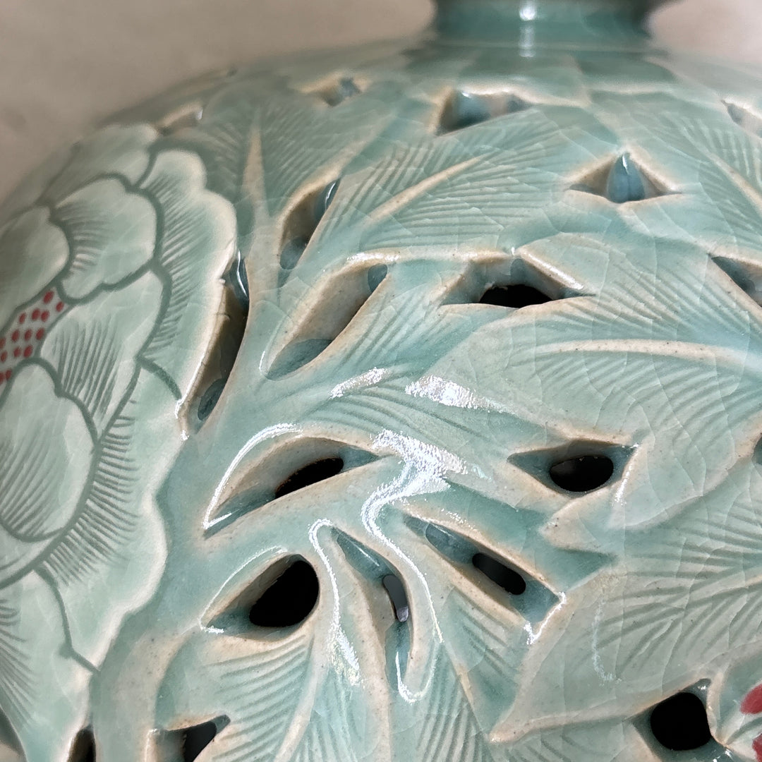 Celadon Vase with Relief-Carved Peony Motif and Double-Wall Openwork