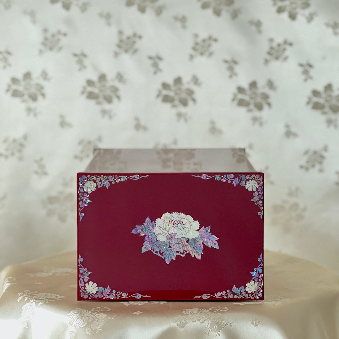 Mother-of-Pearl Double-Doored Jewelry Chest: Peony, Butterfly and Bird Motif on Wine Ground
