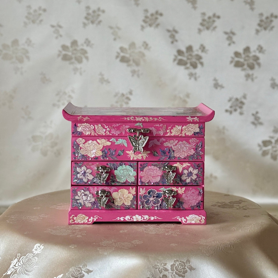 Mother of Pearl Jewelry Chest: Pink Ground, Peony Motif in Scholar’s Desk Form
