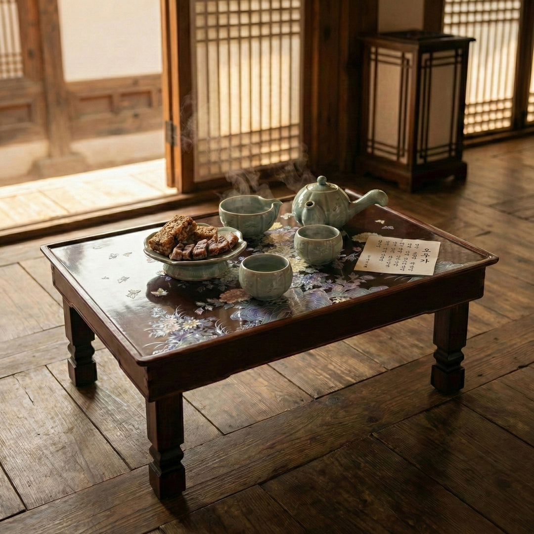 Mother of Pearl Folding Table: Grand Scale, Garden Landscape Motif with Peonies and Butterflies