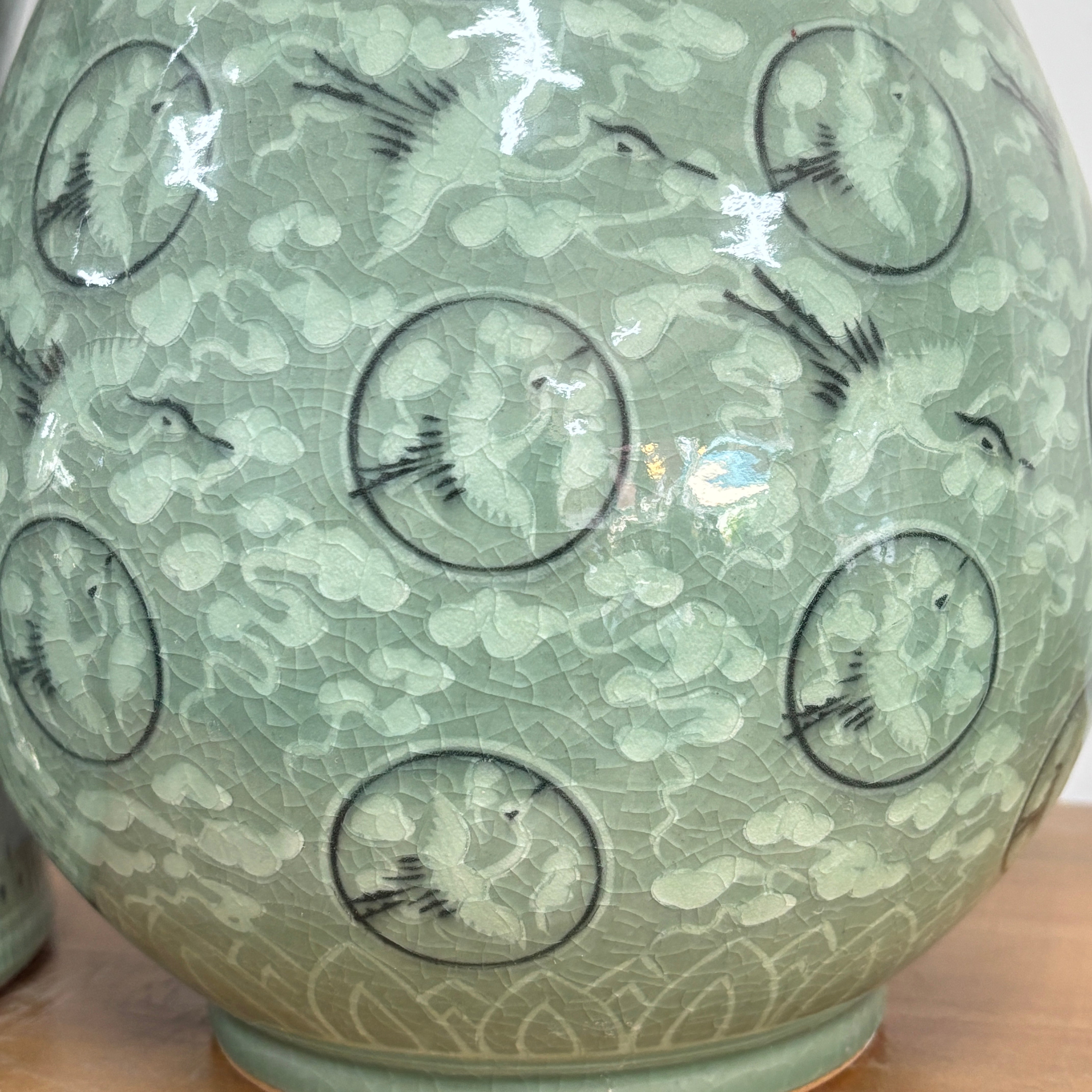 Celadon Openwork Vase Set: Inlaid Crane and Cloud Motif – ArtinKo
