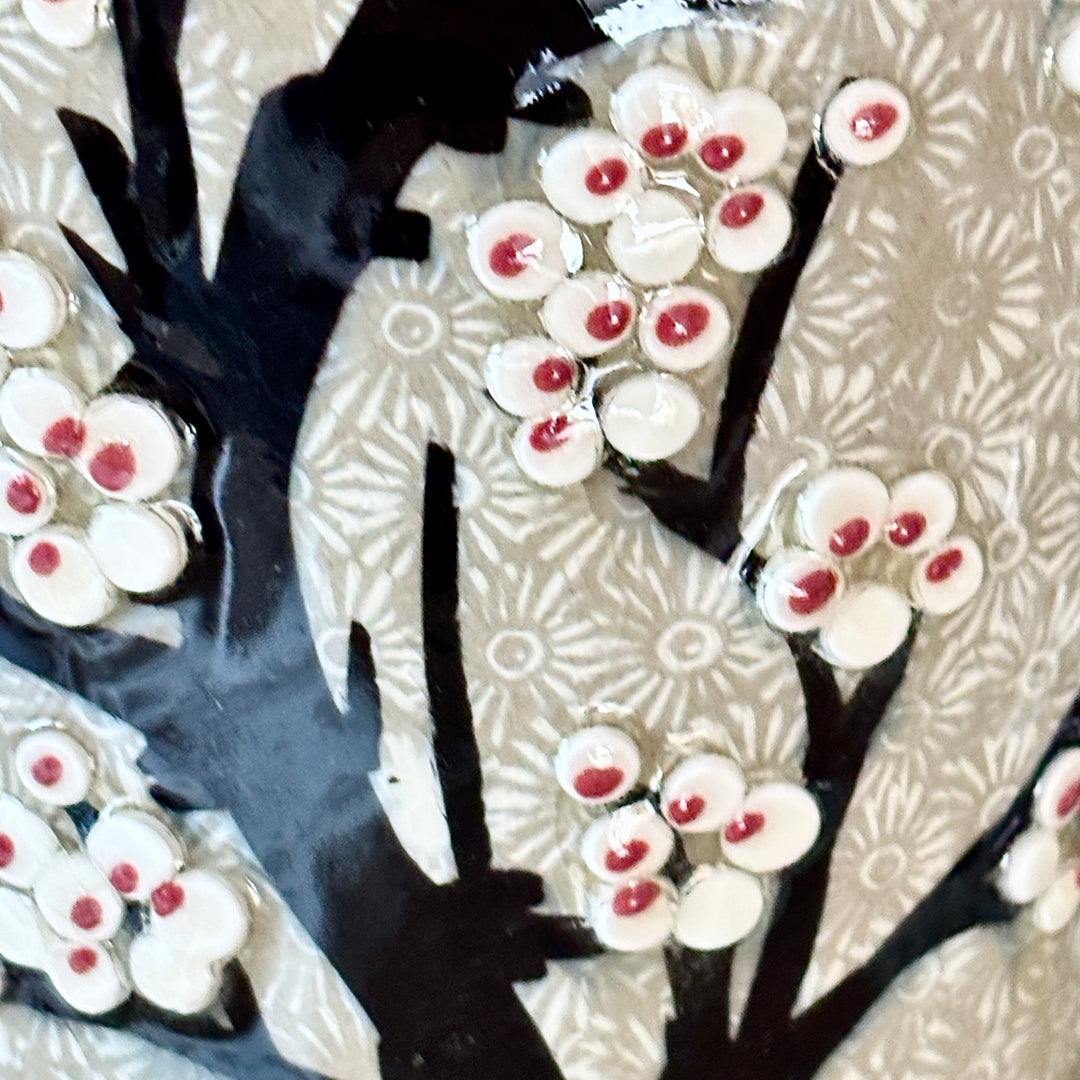 Buncheong Maebyeong and Jubyeong Vase Set: Stamped Chrysanthemum Ground with Plum Blossom Motif