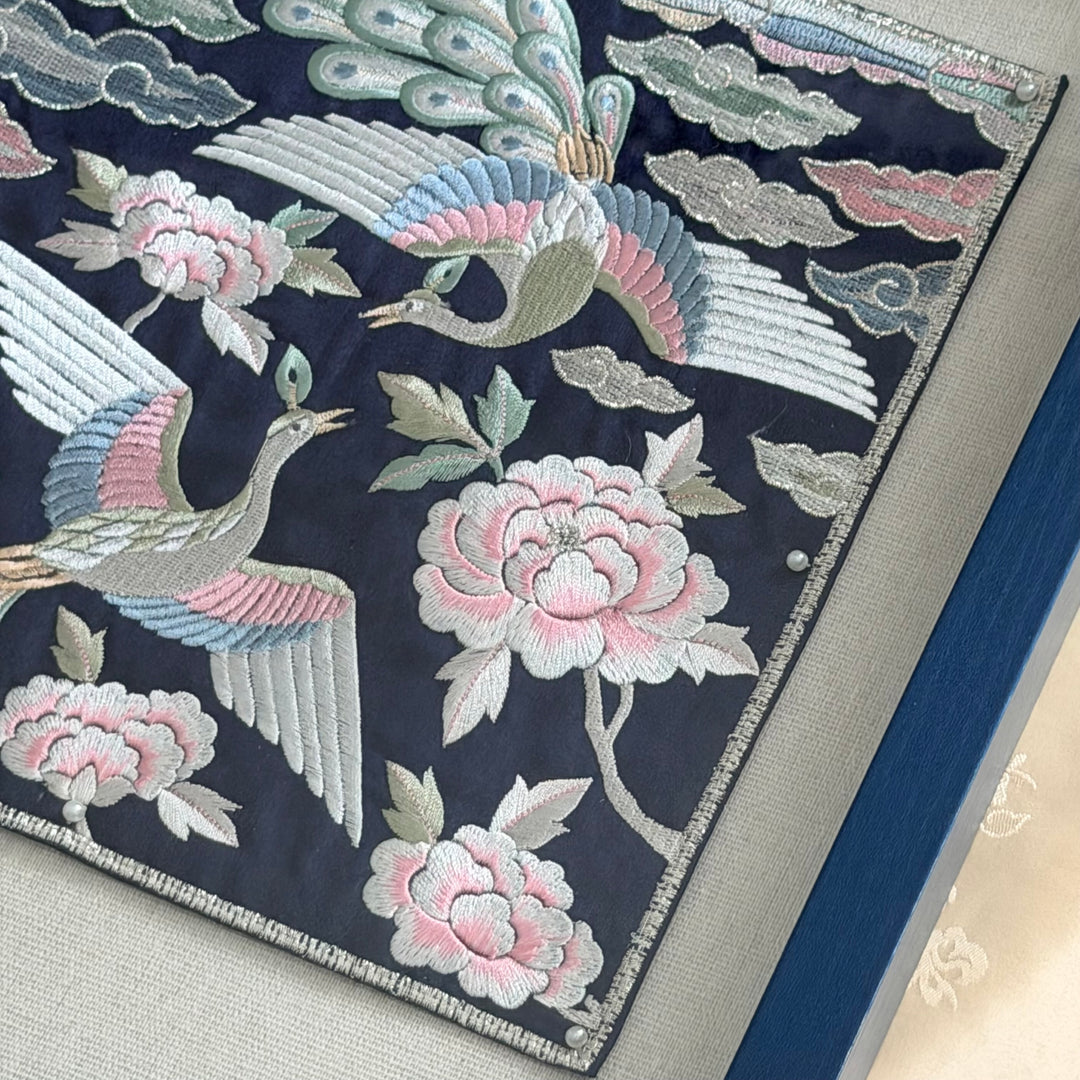 Embroidered Art Panel: Peacock Pair and Peony Motif on Navy Ground