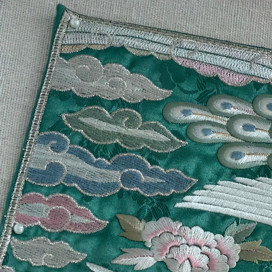 Embroidered Art Panel: Double Peacock and Peony Motif on Green Ground