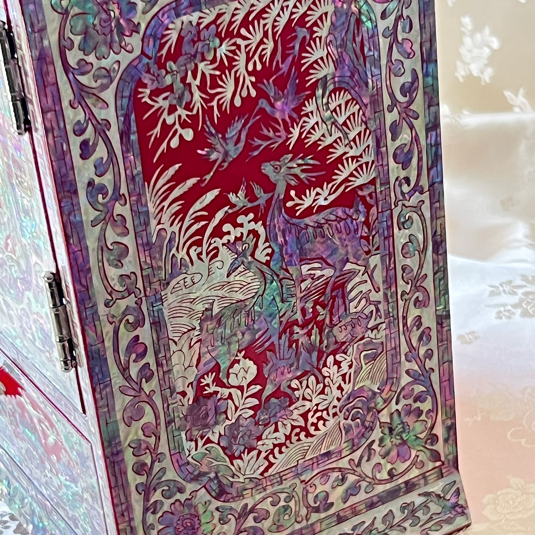 Mother-of-Pearl Double-Door Jewelry Chest: Longevity Motif, Red Ground