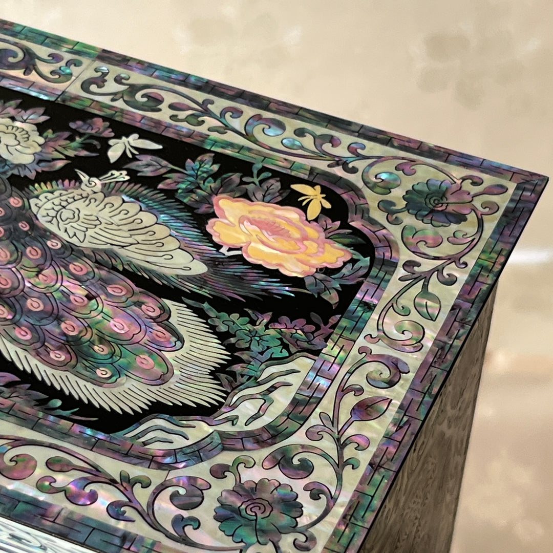 Mother-of-Pearl Double-Doored Jewelry Chest: Grand Scale, Longevity Motif on Black Ground