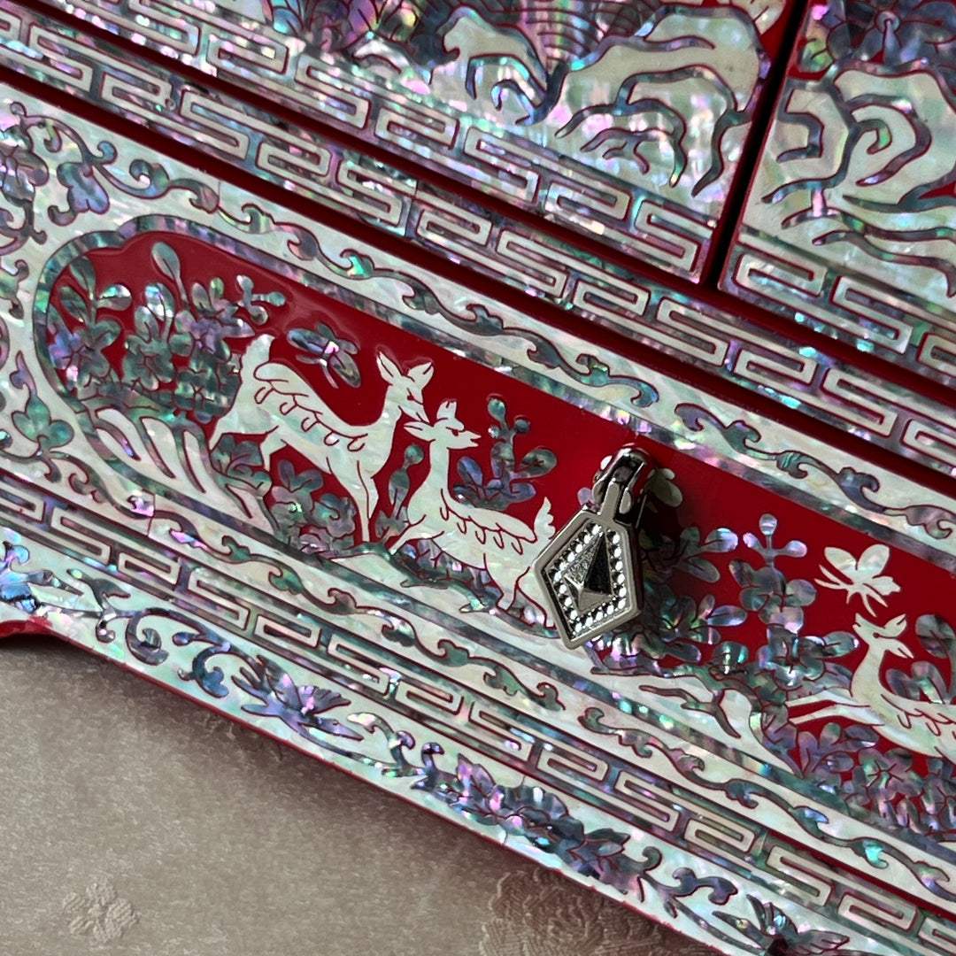 Mother-of-Pearl Double-Doored Jewelry Chest: Grand Scale, Longevity Motif on Red Ground