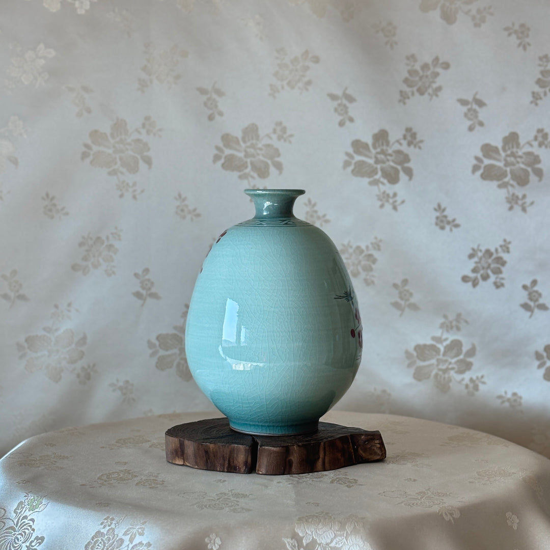 Celadon Vase: White Slip Sgraffito (Bakji) with Plum Blossom and Crane Motif