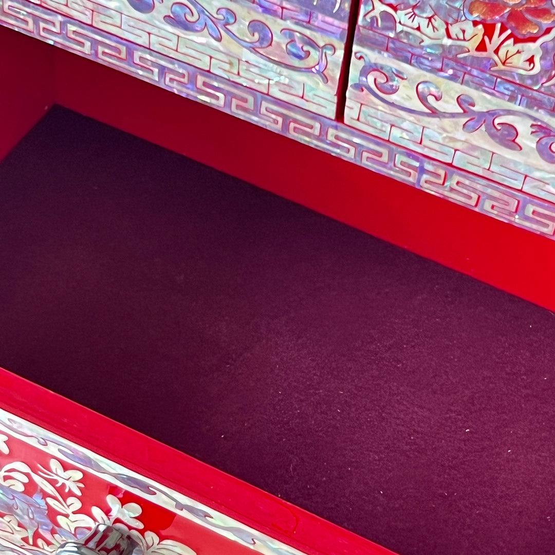 Mother-of-Pearl Double-Door Jewelry Chest: Longevity Motif, Red Ground