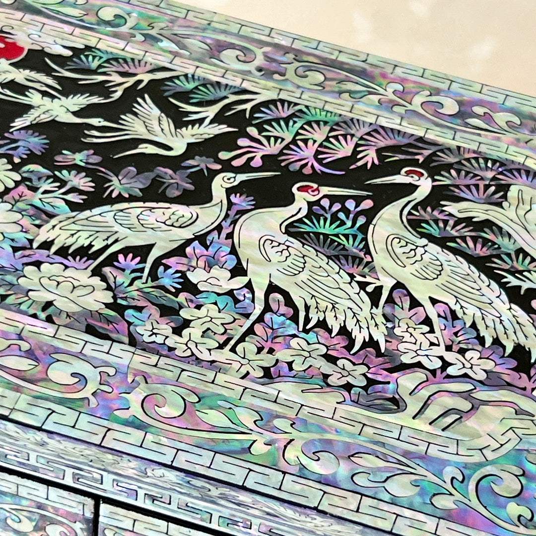 Mother-of-Pearl Double-Door Jewelry Chest: Longevity Motif, Black Ground