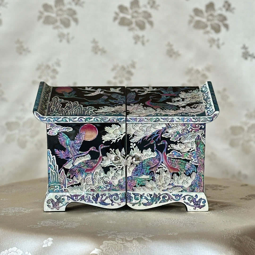 Mother of Pearl Jewelry Chest Pair: Black Body with Pine and Crane Motif in Scholar’s Desk Form